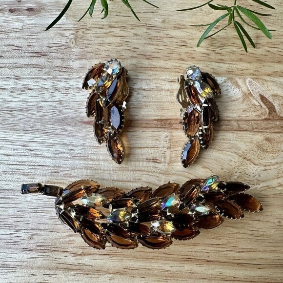 VTG Statement‎ Earrings 1.75" Match 4" Brooch AB Rhinestone Topaz Glass Navettes - Picture 1 of 9